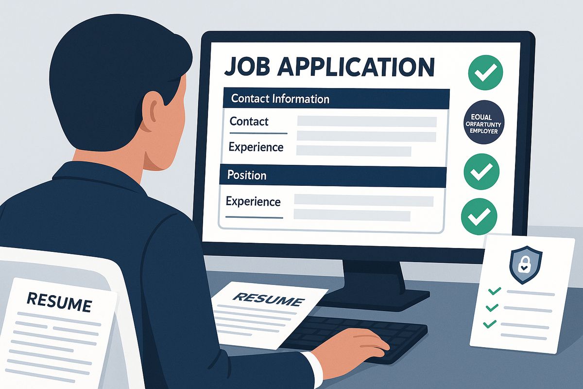 HR professional reviewing compliant job application form on computer with legal checklist