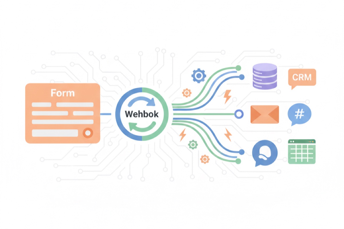 Diagram showing automated webhook workflow connecting form submissions to various business tools
