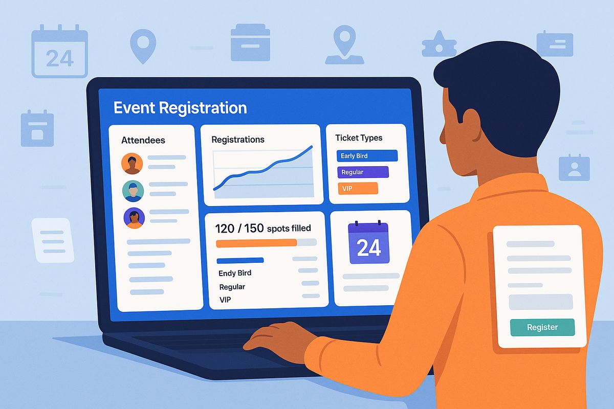 Event organizer reviewing registration dashboard with attendee information and analytics