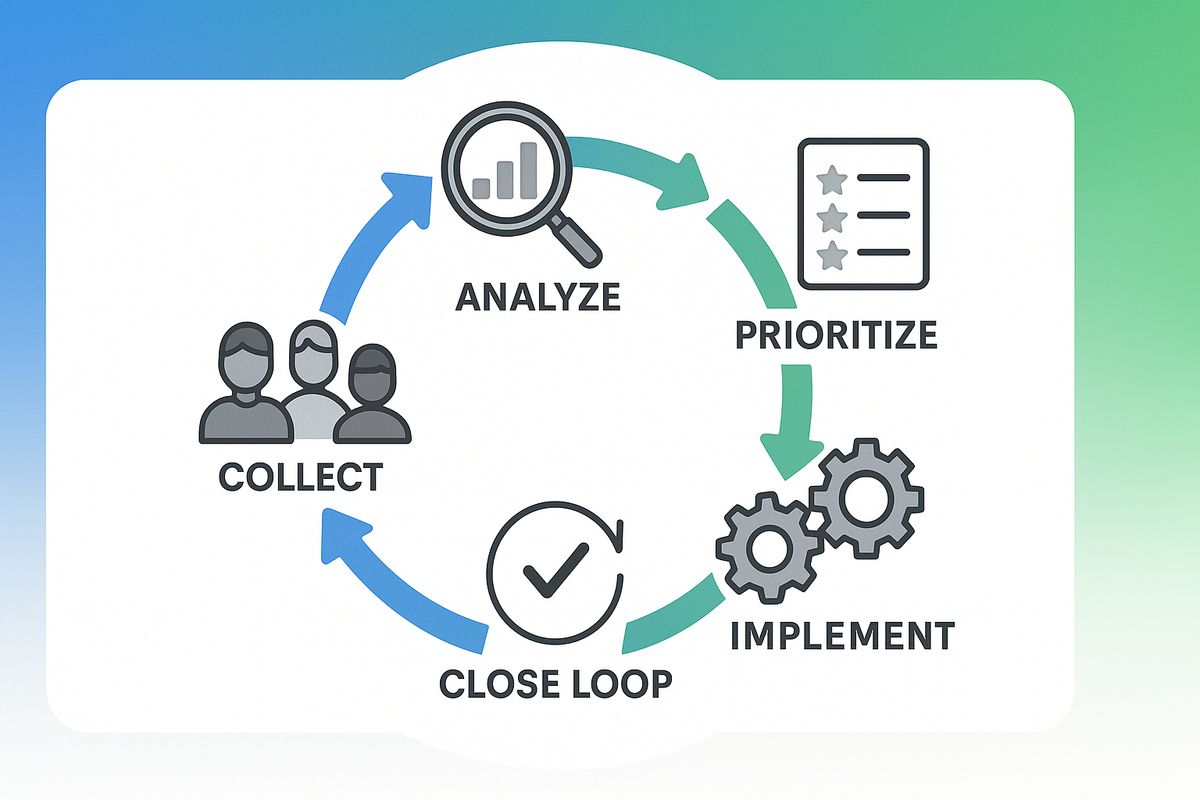 Circular diagram showing the complete customer feedback loop from collection to implementation and closing the loop