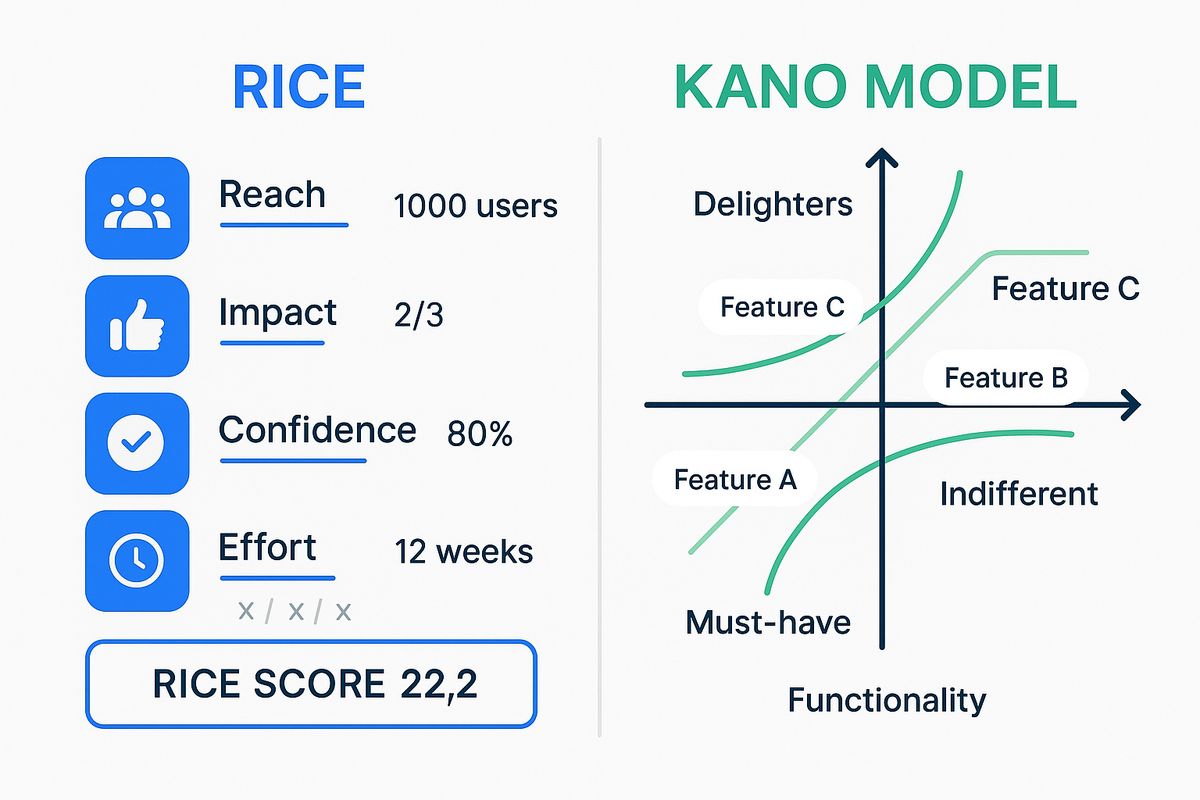 Visual comparison of RICE and Kano prioritization frameworks showing how different feedback items score and get categorized