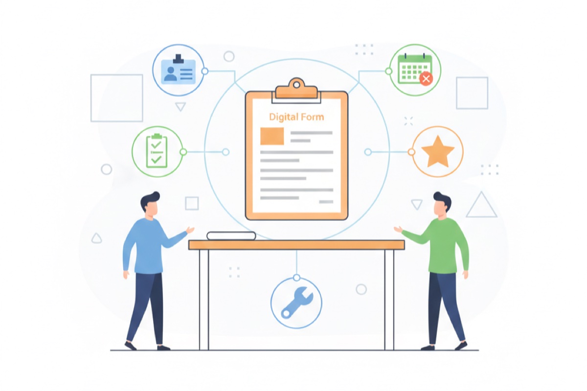 Illustration of HR and operations teams using digital internal forms to streamline workplace processes