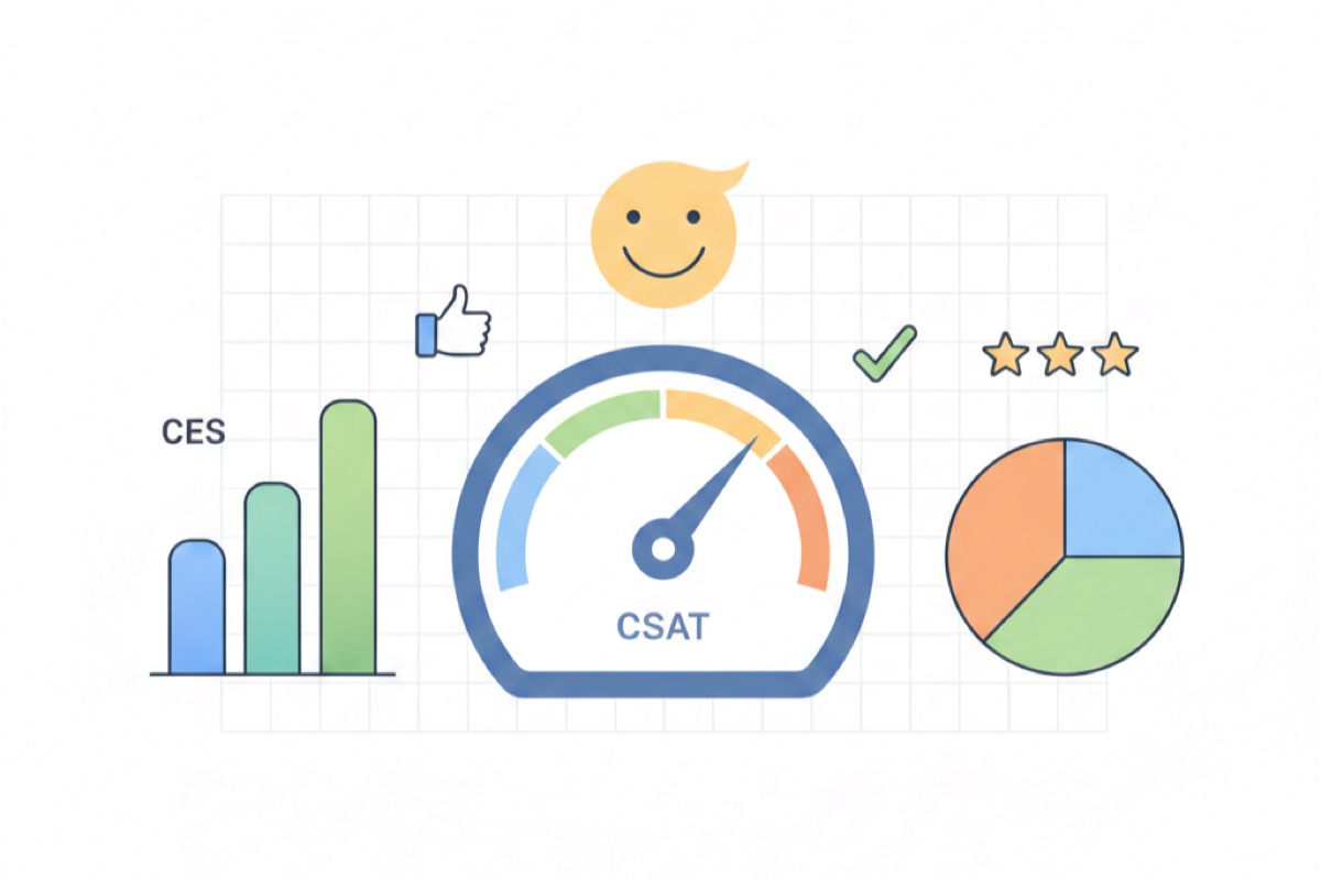 Customer satisfaction measurement illustration showing CSAT and CES survey scales