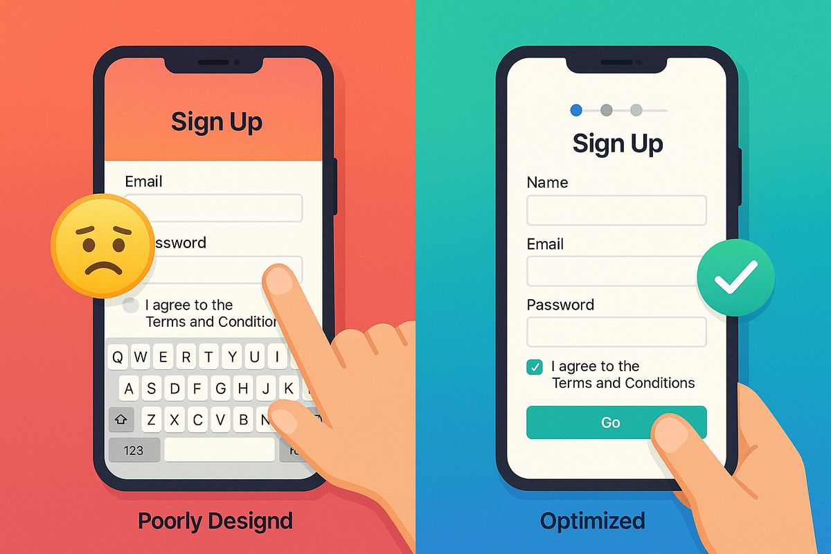 Side-by-side comparison of poorly optimized and well-optimized mobile form designs showing touch targets, input types, and spacing