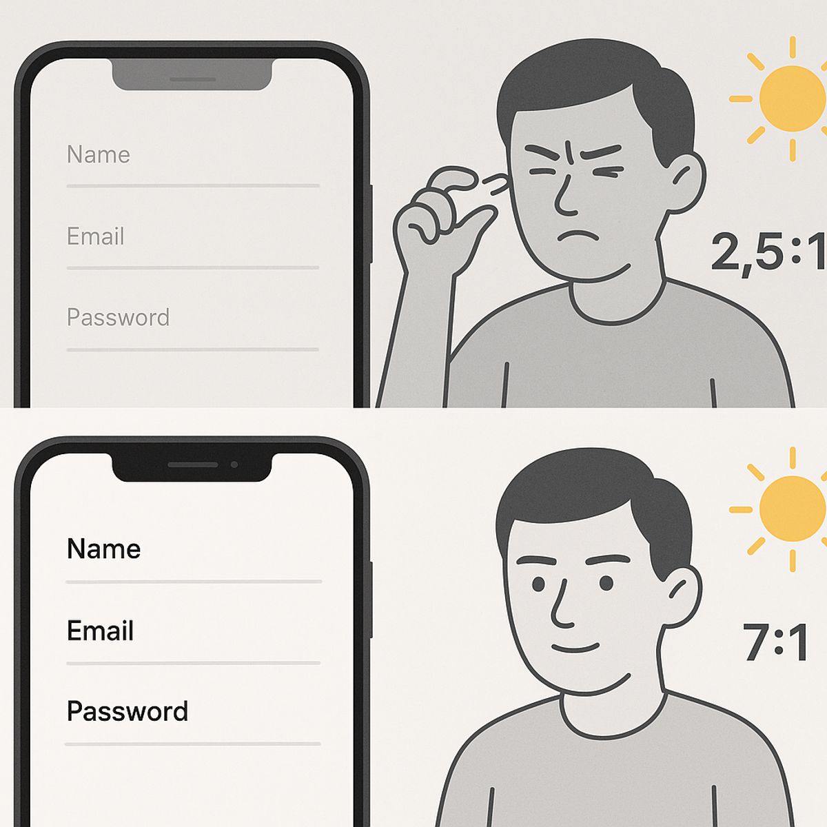 Comparison showing illegible small text versus optimized readable text on mobile devices in various lighting conditions