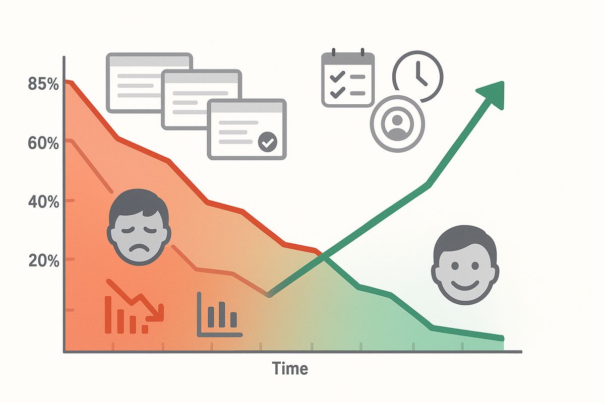 Graph showing declining survey response rates over time with user fatigue indicators and recovery strategies