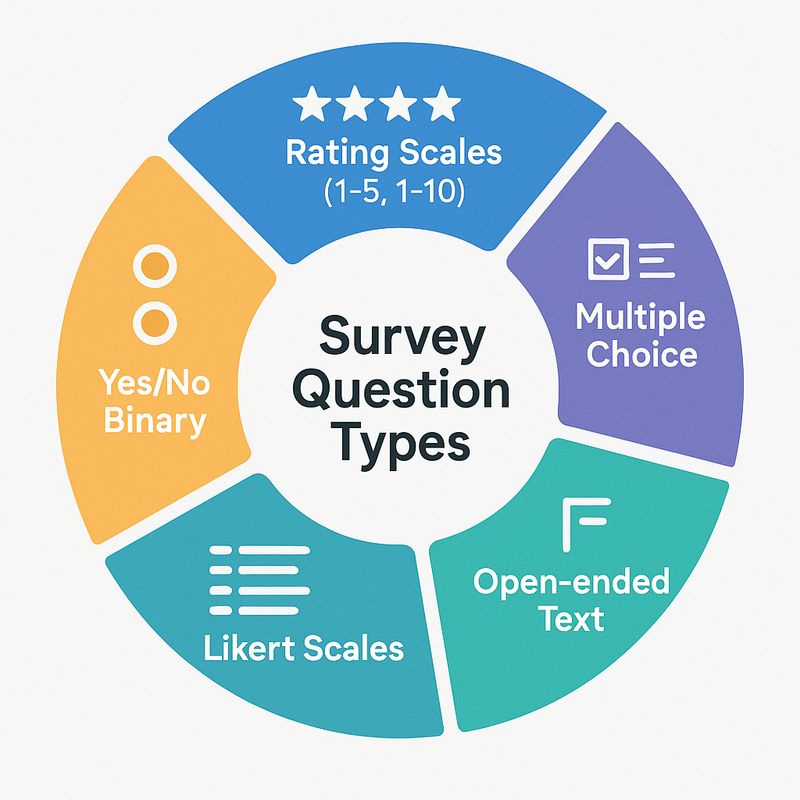 Visual guide showing different survey question types including rating scales, multiple choice, open-ended text, yes/no questions, and Likert scales with examples of when to use each